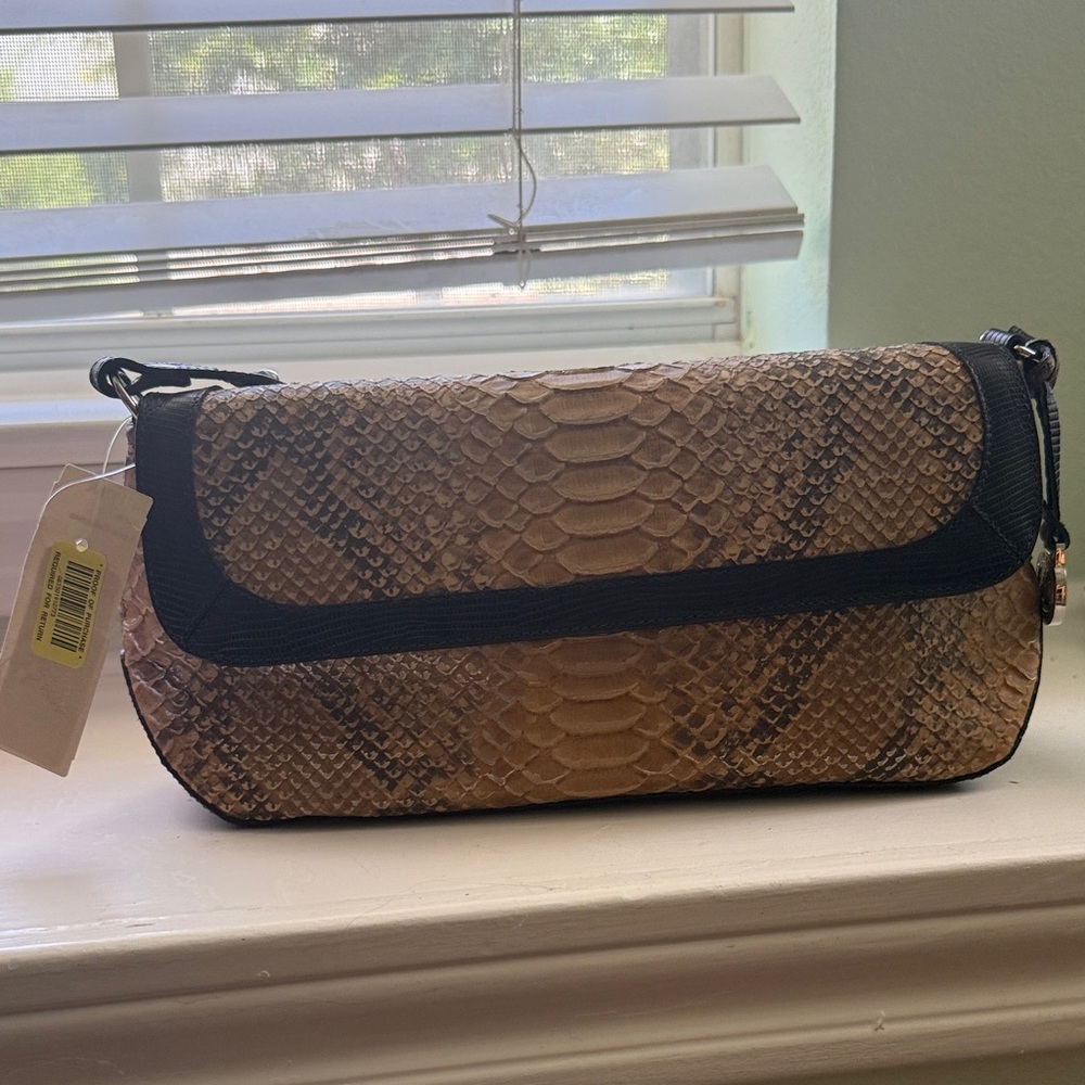 Brahmin Black and Tan Snakeskin Shoulder Bag